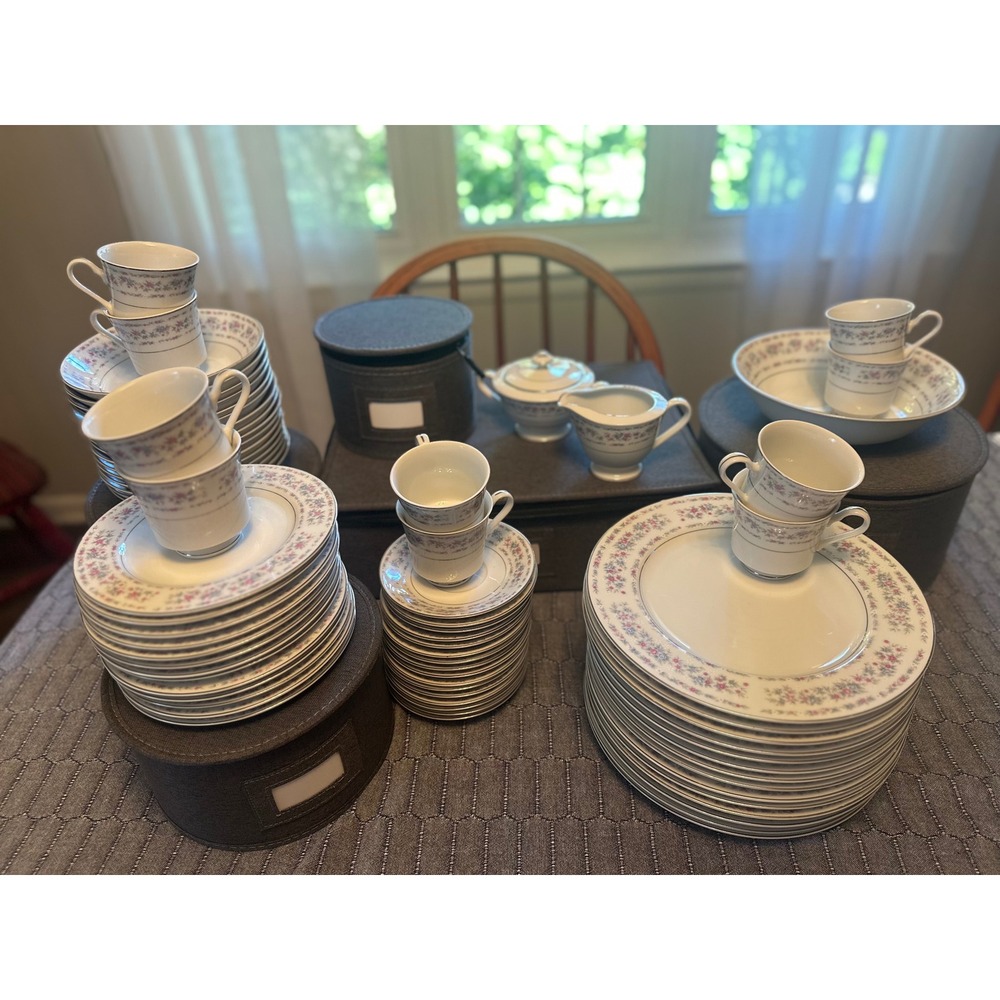 Vintage Fine China‎ Dinnerware Set Pink Blue Floral Silver Trim 90+ Pieces Cases